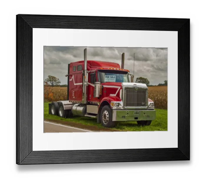 Framed Print : A red 6x4 Intaenational eagle semi tracter unit for sale by the raod side in rural Framed Print : A red 6x4 Intaenational eagle semi tracter unit for sale by the raod side in rural