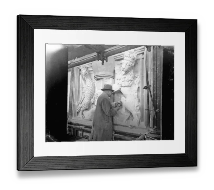 Framed Print : A sculptor working on a heraldic base relief [Royal Supporters of England / Royal Arms of England Framed Print : A sculptor working on a heraldic base relief [Royal Supporters of England / Royal Arms of England