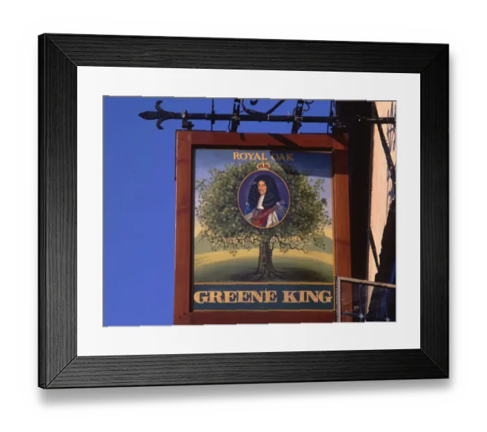 Framed Print : Inn sign of The Royal Oak. Pub sign for one of the Greene King houses Framed Print : Inn sign of The Royal Oak. Pub sign for one of the Greene King houses