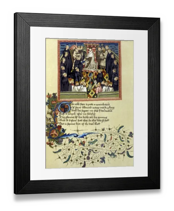 Framed Print : John Lydgate (c. 1370-c. 1450) presenting his poem to the King Framed Print : John Lydgate (c. 1370-c. 1450) presenting his poem to the King