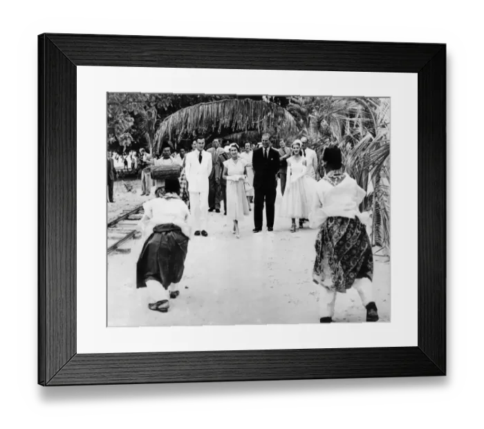 Framed Print : Queen Elizabeth II and the Duke of Edinburgh greeted by a welcome dance performed Framed Print : Queen Elizabeth II and the Duke of Edinburgh greeted by a welcome dance performed