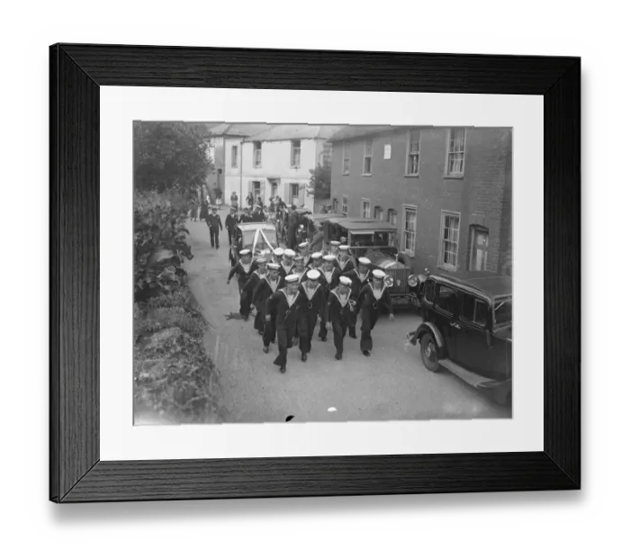 Framed Print : Tailors pull bridal car from church at Naval wedding in Kent village. Tailors towed