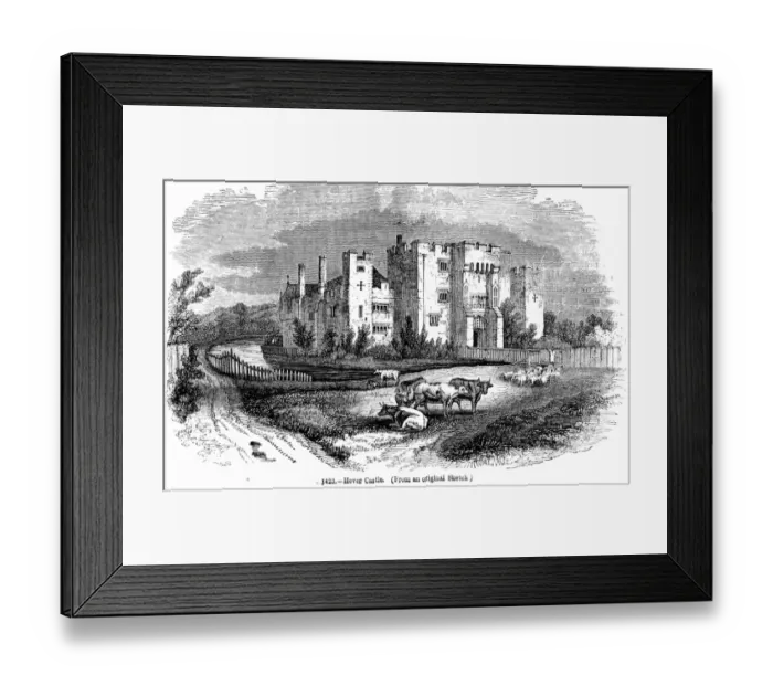 Framed Print : Hever Castle with cattle grazing and sheep being herded through a gate on the land in front Framed Print : Hever Castle with cattle grazing and sheep being herded through a gate on the land in front