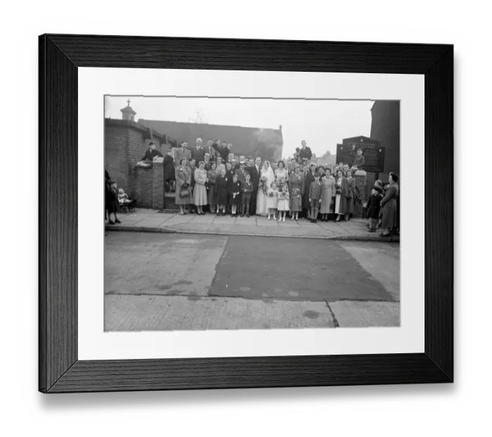 Framed Print : Banks / Sumner wedding. The bride and groom with all their guests outside the church. 1954 Framed Print : Banks / Sumner wedding. The bride and groom with all their guests outside the church. 1954