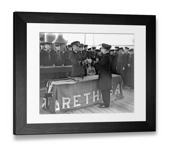 Framed Print : Aboard Arethusa training ship. Commander C. W. Bower (commanding Arethusa) presenting Framed Print : Aboard Arethusa training ship. Commander C. W. Bower (commanding Arethusa) presenting
