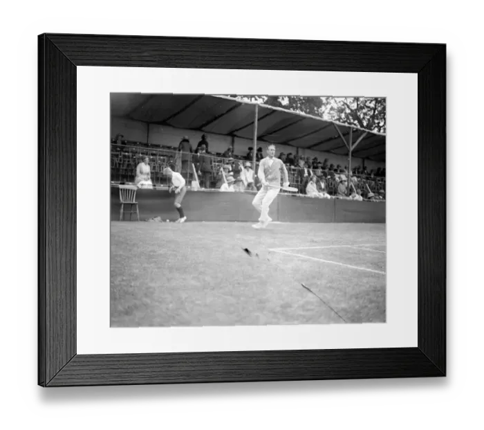 Framed Print : Kent Lawn Tennis Championships were continued at Beckenham. F. Gordon Lowe playing Framed Print : Kent Lawn Tennis Championships were continued at Beckenham. F. Gordon Lowe playing