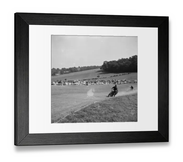 Framed Print : Motorcycle racing at Brands Hatch, Kent. Two motorbike take a corner. 1936
