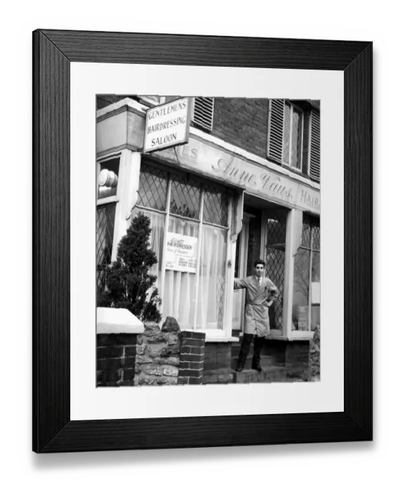 Framed Print : Brian Wells standing infront of his Barber Shop in London Road Westerham Kent. Twice Framed Print : Brian Wells standing infront of his Barber Shop in London Road Westerham Kent. Twice