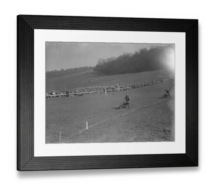 Framed Print : Motor cycling races at Brands Hatch. Scramblers take the bend. 1936 Framed Print : Motor cycling races at Brands Hatch. Scramblers take the bend. 1936