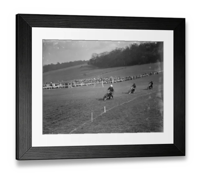 Framed Print : Motor cycling races at Brands Hatch. Scramblers take the bend. 1936 Framed Print : Motor cycling races at Brands Hatch. Scramblers take the bend. 1936