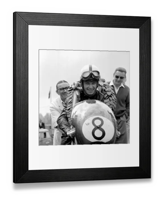 Framed Print : Brands Hatch, Kent: German Motor cycle racing ace, Ernst Degner has a smile of victory Framed Print : Brands Hatch, Kent: German Motor cycle racing ace, Ernst Degner has a smile of victory