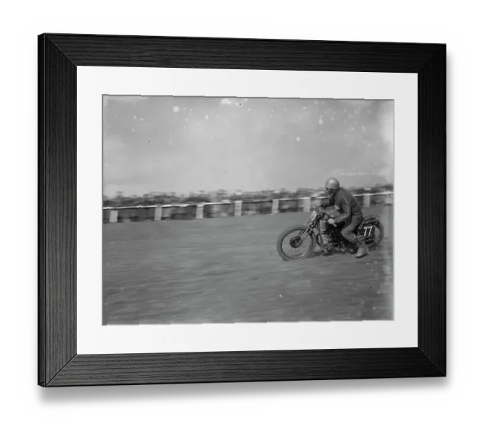 Framed Print : Motor cycling races at Brands Hatch. A scramblers takes the bend. 1936 Framed Print : Motor cycling races at Brands Hatch. A scramblers takes the bend. 1936