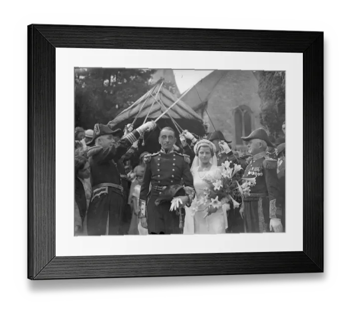 Framed Print : Tailors pull bridal car from church at Naval wedding in Kent village. Tailors towed Framed Print : Tailors pull bridal car from church at Naval wedding in Kent village. Tailors towed