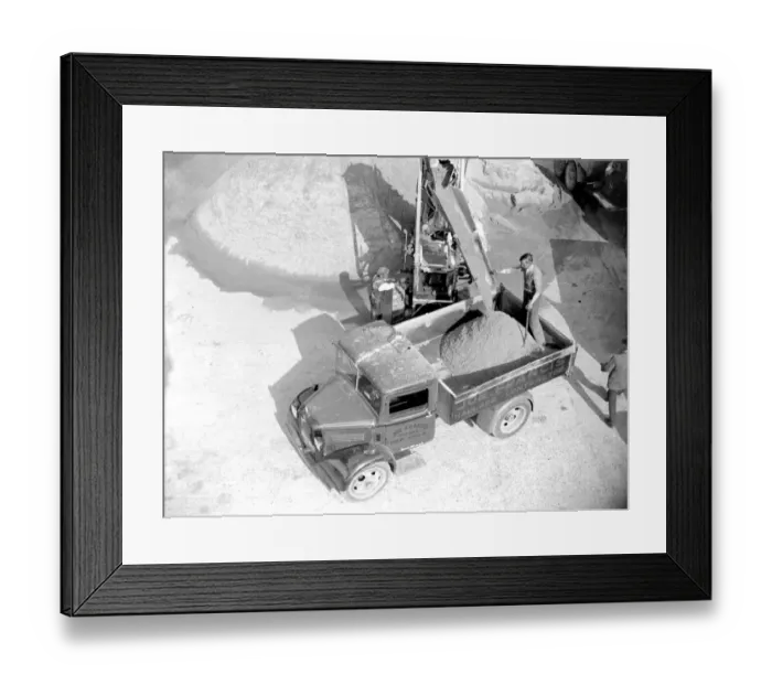 Framed Print : Bedford truck being loaded by a conveyor loader at the Sand & Gravel Co Ltd gray Framed Print : Bedford truck being loaded by a conveyor loader at the Sand & Gravel Co Ltd gray