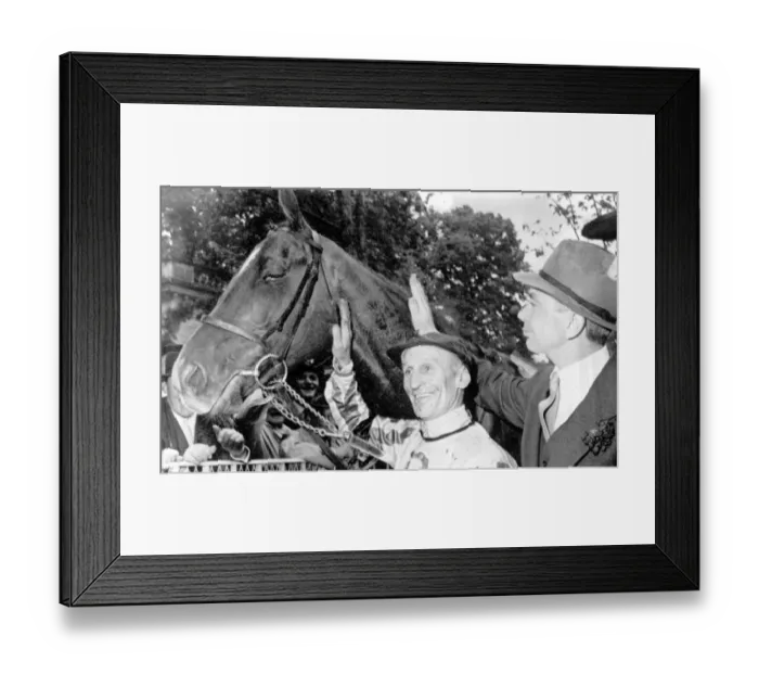 Framed Print : Paris. France: the crack Irish colt Ballymoss receives congratulations from jockey Framed Print : Paris. France: the crack Irish colt Ballymoss receives congratulations from jockey