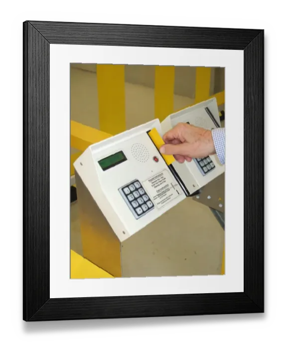Framed Print : Business man entering a building using a swipe card. ?TopFoto