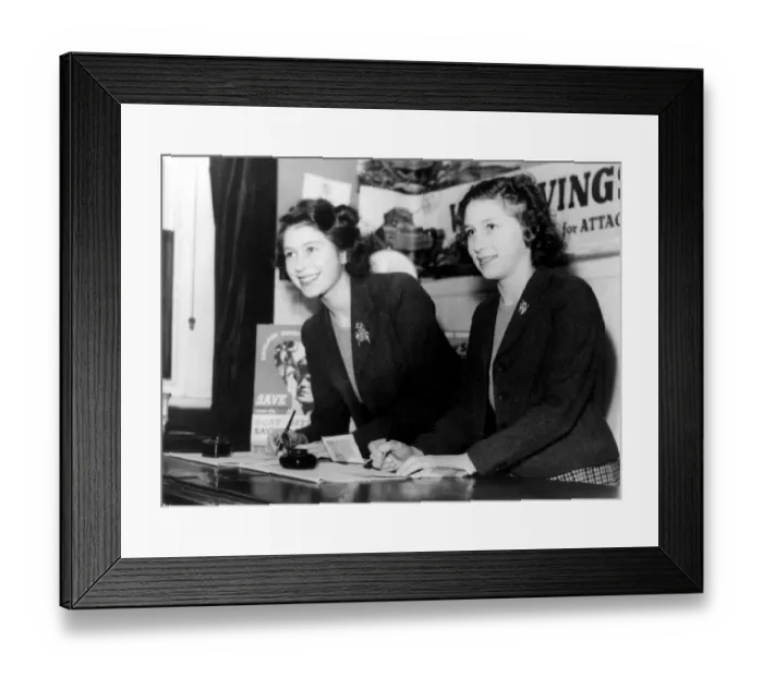 Framed Print : The royal Princesses Elizabeth and Margaret Rose signing Post Office forms ? Framed Print : The royal Princesses Elizabeth and Margaret Rose signing Post Office forms ?