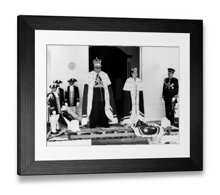 Framed Print : The King and Queen of Tonga, and the Crown Prince attended by their pages, pose Framed Print : The King and Queen of Tonga, and the Crown Prince attended by their pages, pose