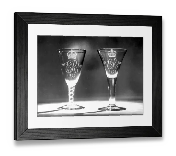 Framed Print : London: Coronation souvenir Glass Goblets with the Royal Cypher designed by James Powell and Sons Framed Print : London: Coronation souvenir Glass Goblets with the Royal Cypher designed by James Powell and Sons