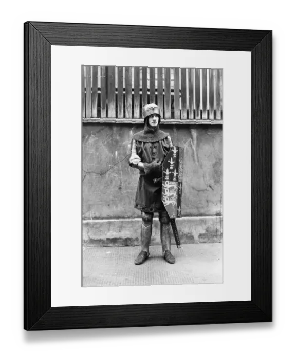 Framed Print : Re-enactment; Knight in armour with shield