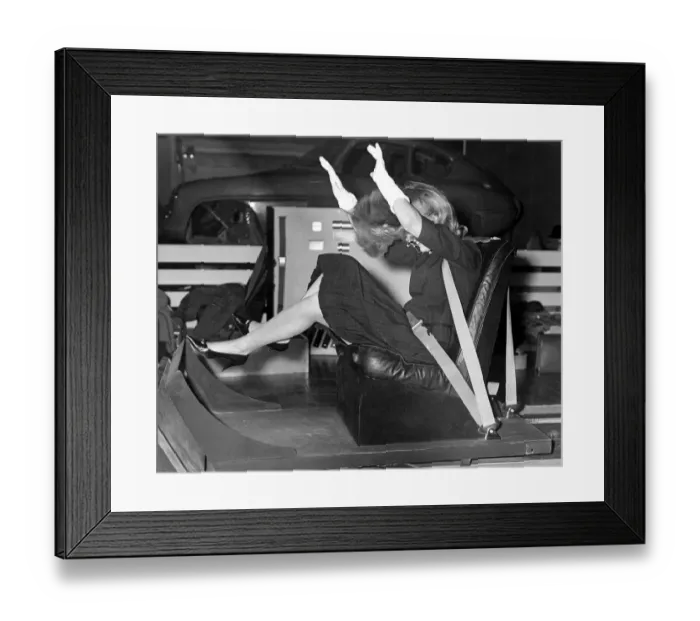 Framed Print : Demonstration of car safety belt at the National Racing Car Show at the Royal Horticultural Hall Framed Print : Demonstration of car safety belt at the National Racing Car Show at the Royal Horticultural Hall