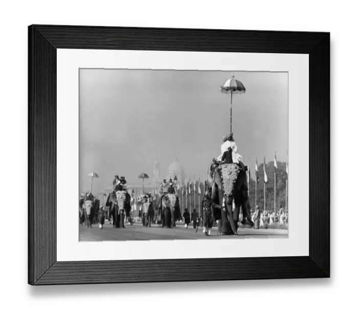 Framed Print : Royal Tour of India. In Delhi, along the Rajpath, a convoy of magnificently decked Framed Print : Royal Tour of India. In Delhi, along the Rajpath, a convoy of magnificently decked