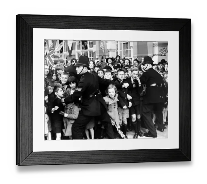 Framed Print : 14 October 1938 Crowds of children, held back by policemen, cheering Queen Mary Framed Print : 14 October 1938 Crowds of children, held back by policemen, cheering Queen Mary