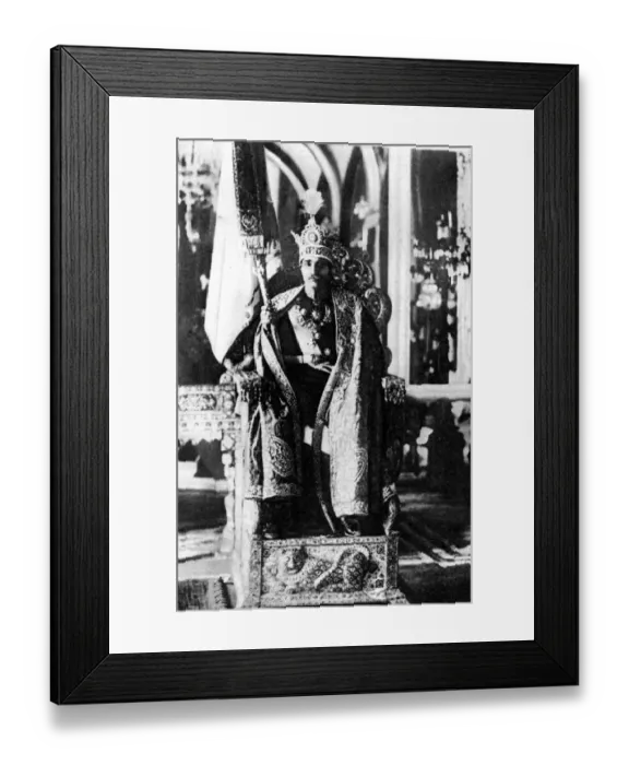 Framed Print : Wearing the crown specially made for his own coronation and holding his Royal Standard Framed Print : Wearing the crown specially made for his own coronation and holding his Royal Standard