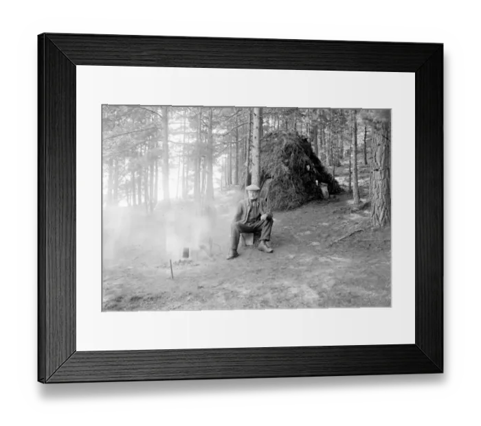 Framed Print : Surrey Hermit can see Royal Prince. The Frensham Hermit outside his shack. died march 1922 Framed Print : Surrey Hermit can see Royal Prince. The Frensham Hermit outside his shack. died march 1922