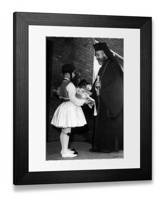 Framed Print : Dressed in the uniform of the Greek royal guard, is 9-year-old Cypriot boy Constantin