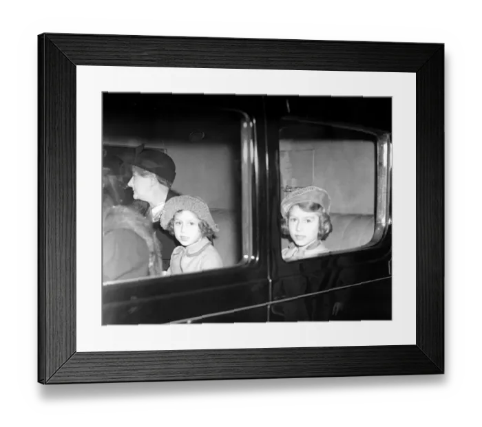 Framed Print : The royal Princesses Elizabeth and Margaret Rose being driven away from Euston after