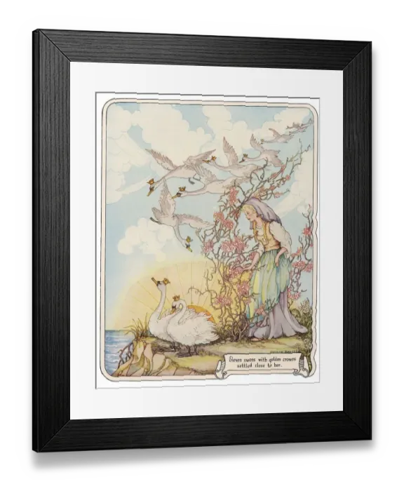 Framed Print : FAIRY TALES - WILD SWANS The eleven wild swans with royal crowns. Illustration by Doreen Baxter Framed Print : FAIRY TALES - WILD SWANS The eleven wild swans with royal crowns. Illustration by Doreen Baxter