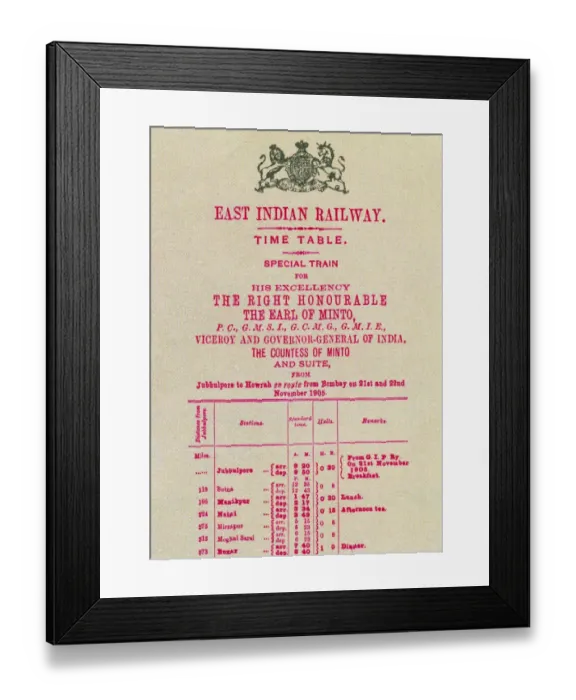 Framed Print : The Viceroy had special railway timetables printed each time he travelled. 1905 Framed Print : The Viceroy had special railway timetables printed each time he travelled. 1905