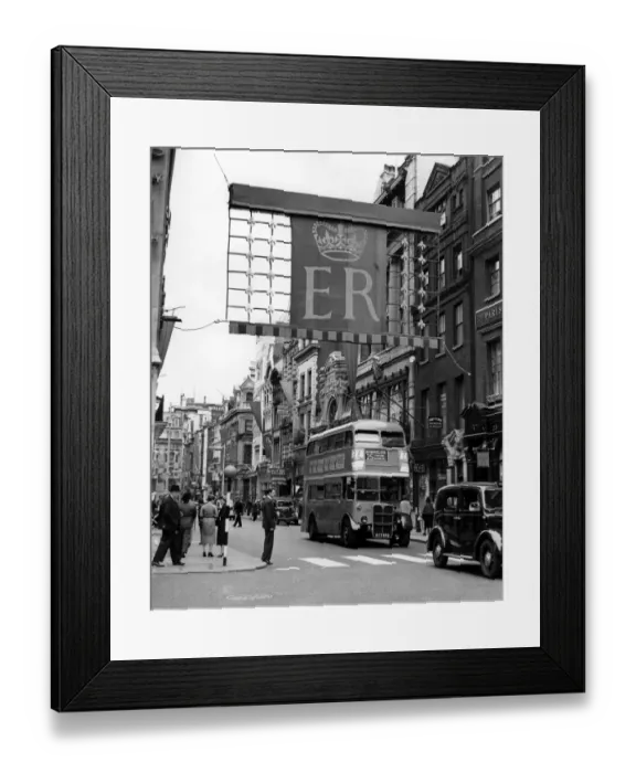 Framed Print : The Coronation decorations go up and this shows something of the motifs in Old Bond Framed Print : The Coronation decorations go up and this shows something of the motifs in Old Bond