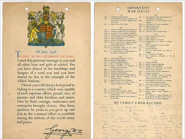8 June 1946 A message to sent to the schoolchildren of Britain to celebrate victory
