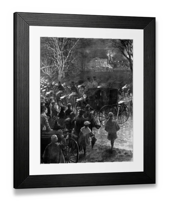 Framed Print : Their Majesties visit to the Duke of Devonshire at Chatsworth : the torchlight welcome Framed Print : Their Majesties visit to the Duke of Devonshire at Chatsworth : the torchlight welcome