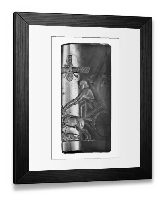 Framed Print : Royal Seal of Darius I engraved with a picture of the king hunting from his chariot Framed Print : Royal Seal of Darius I engraved with a picture of the king hunting from his chariot