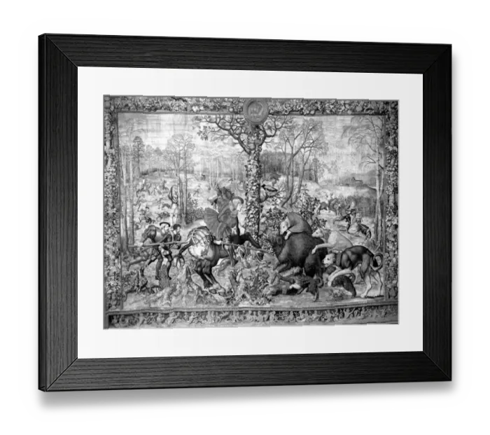 Framed Print : Tapestry showing a hunting scene in December capricorne hunting the boar from Framed Print : Tapestry showing a hunting scene in December capricorne hunting the boar from