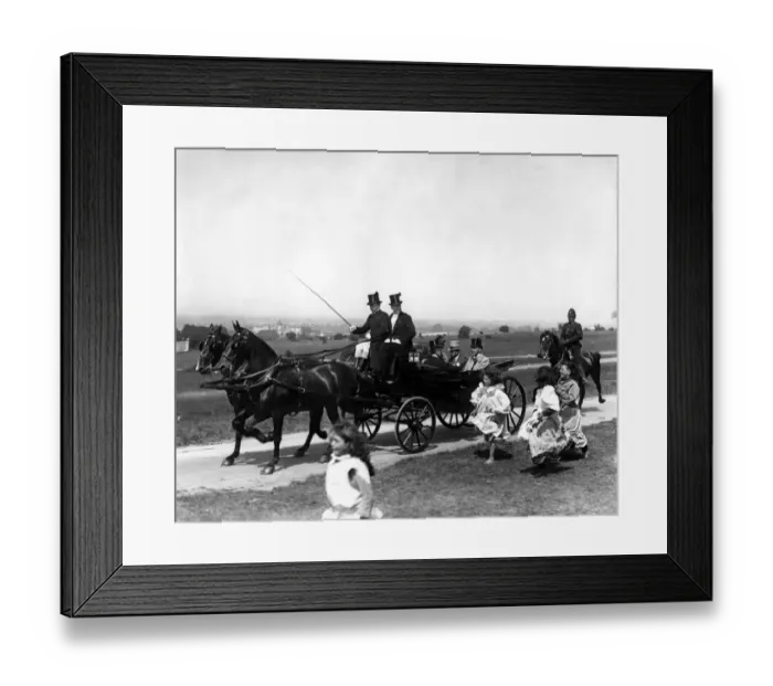 Framed Print : Gypsy children run after the Royal Carriage of King George V as they travel over Framed Print : Gypsy children run after the Royal Carriage of King George V as they travel over