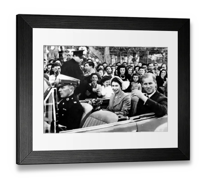 Framed Print : HRH Princess Elizabeth and the Duke of Edinburgh acknowledging the cheers of the crowds