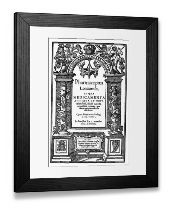 Framed Print : MEDICINE Titlepage of the influential Pharmacopoea Londinensis, 1618, printed by John Marriot Framed Print : MEDICINE Titlepage of the influential Pharmacopoea Londinensis, 1618, printed by John Marriot