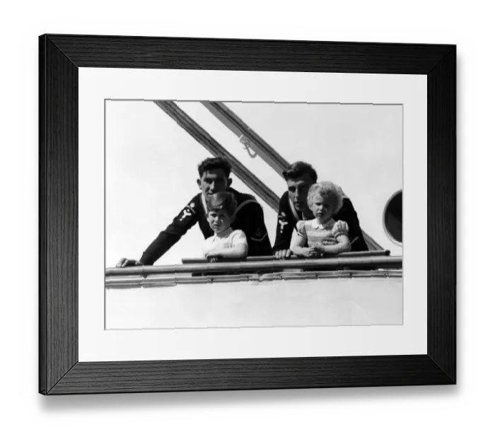 Framed Print : Prince Charles and Princess Anne on board the Royal yacht Britannia sailing into Framed Print : Prince Charles and Princess Anne on board the Royal yacht Britannia sailing into