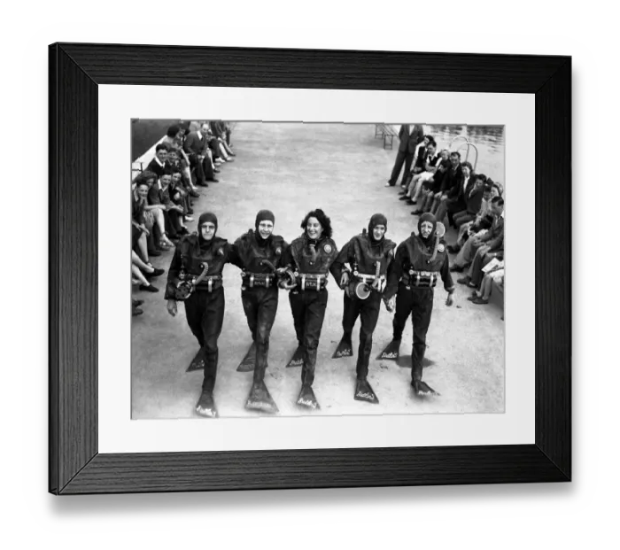 Framed Print : The first frog - woman. Frogmen the underwater swimmers used for daring Framed Print : The first frog - woman. Frogmen the underwater swimmers used for daring