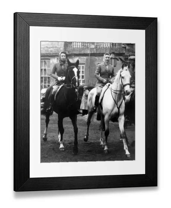 Framed Print : The Queen (left) and Princess Margaret go out for their morning ride in Badminton Framed Print : The Queen (left) and Princess Margaret go out for their morning ride in Badminton