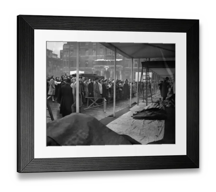 Framed Print : Royal Wedding. Interested crowds outside Westminster Abbey watch the canopy being Framed Print : Royal Wedding. Interested crowds outside Westminster Abbey watch the canopy being