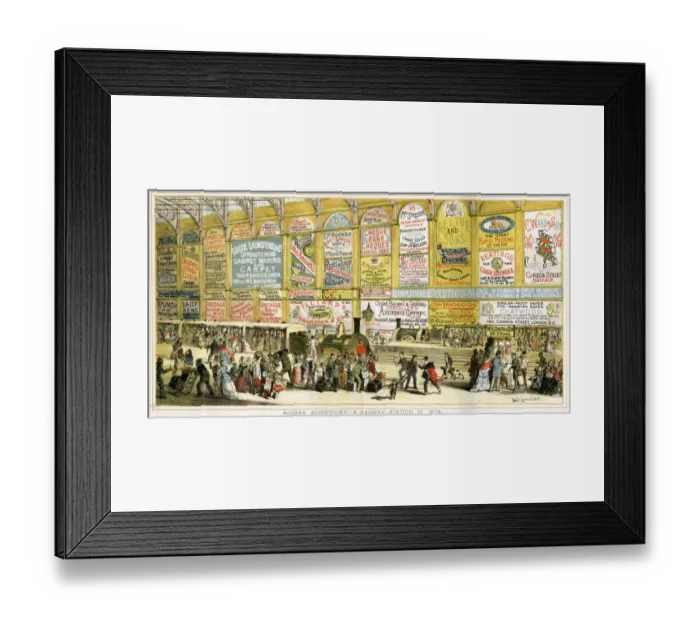 Framed Print : Advertising in a railway station 1874. Illustration by Alfred Concanen Framed Print : Advertising in a railway station 1874. Illustration by Alfred Concanen