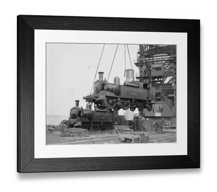 Framed Print : Loading two railways engines by the 150 ton floating crane for the Isle of Wight holiday rush Framed Print : Loading two railways engines by the 150 ton floating crane for the Isle of Wight holiday rush