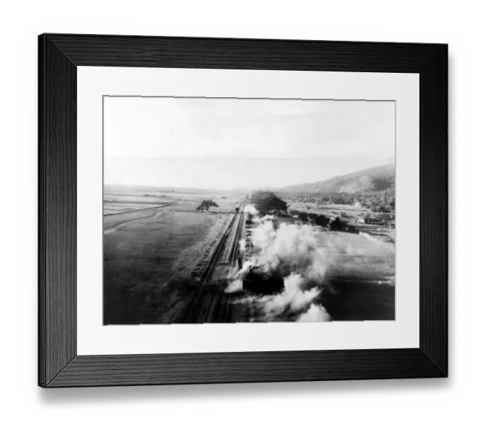 Framed Print : Steam pouring from the engine after the boiler had blown up following an attack by Framed Print : Steam pouring from the engine after the boiler had blown up following an attack by