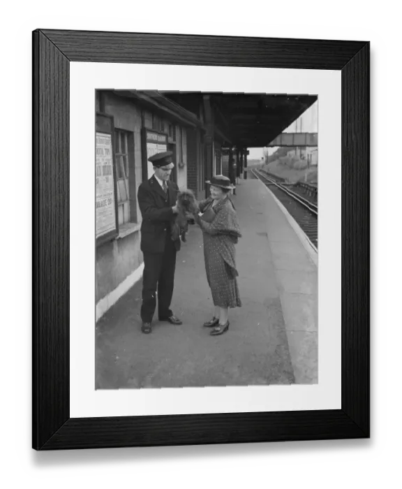 Framed Print : One happy dog is held aloft by a train station attendant with Mrs Boune Williams Framed Print : One happy dog is held aloft by a train station attendant with Mrs Boune Williams