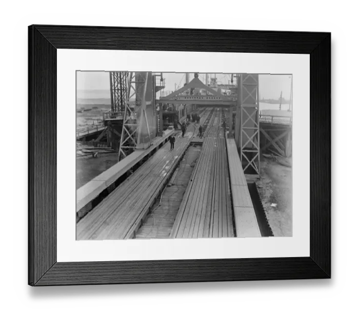 Framed Print : An overview of the Richborough Train Ferry on the east coast of Kent showing the ramp between boat Framed Print : An overview of the Richborough Train Ferry on the east coast of Kent showing the ramp between boat